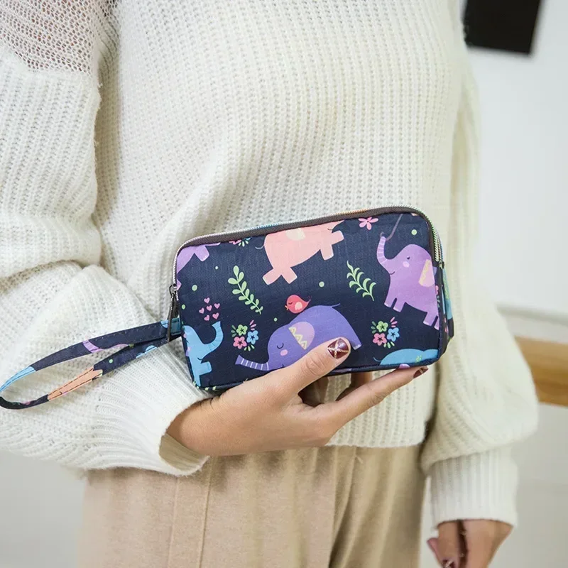 Bolso de lona con estampado para mujer, cartera larga de tres capas, de gran capacidad, impermeable, portátil