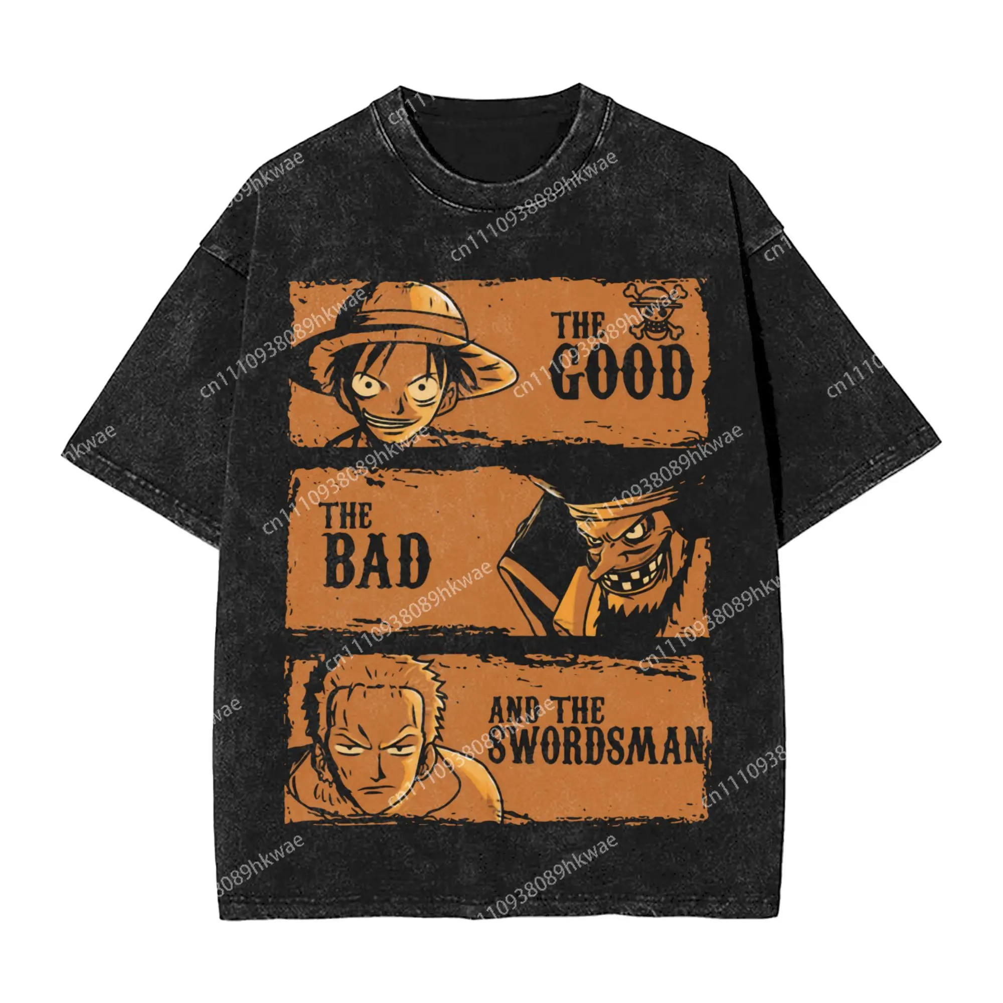 Washed T Shirts The Good The Bad and the Swordsman T-Shirt Roronoa Zoro One Piece Luffy Streetwear Cotton Tops Tops Tees Men