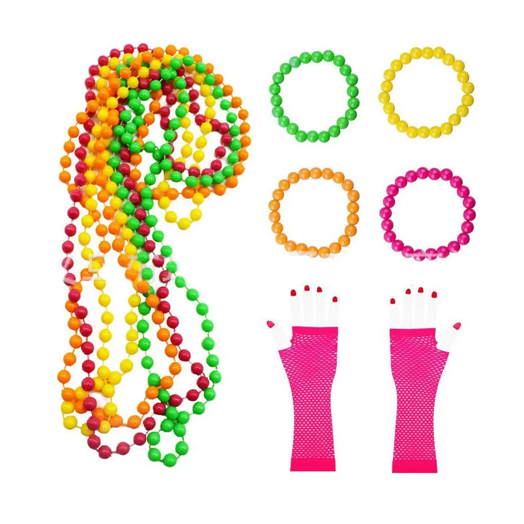 80s Neon Party Supply Fancy Dress Outfit Set Headband Fishnet Gloves Necklace Bracelet Accessory Halloween Costume Cosplay