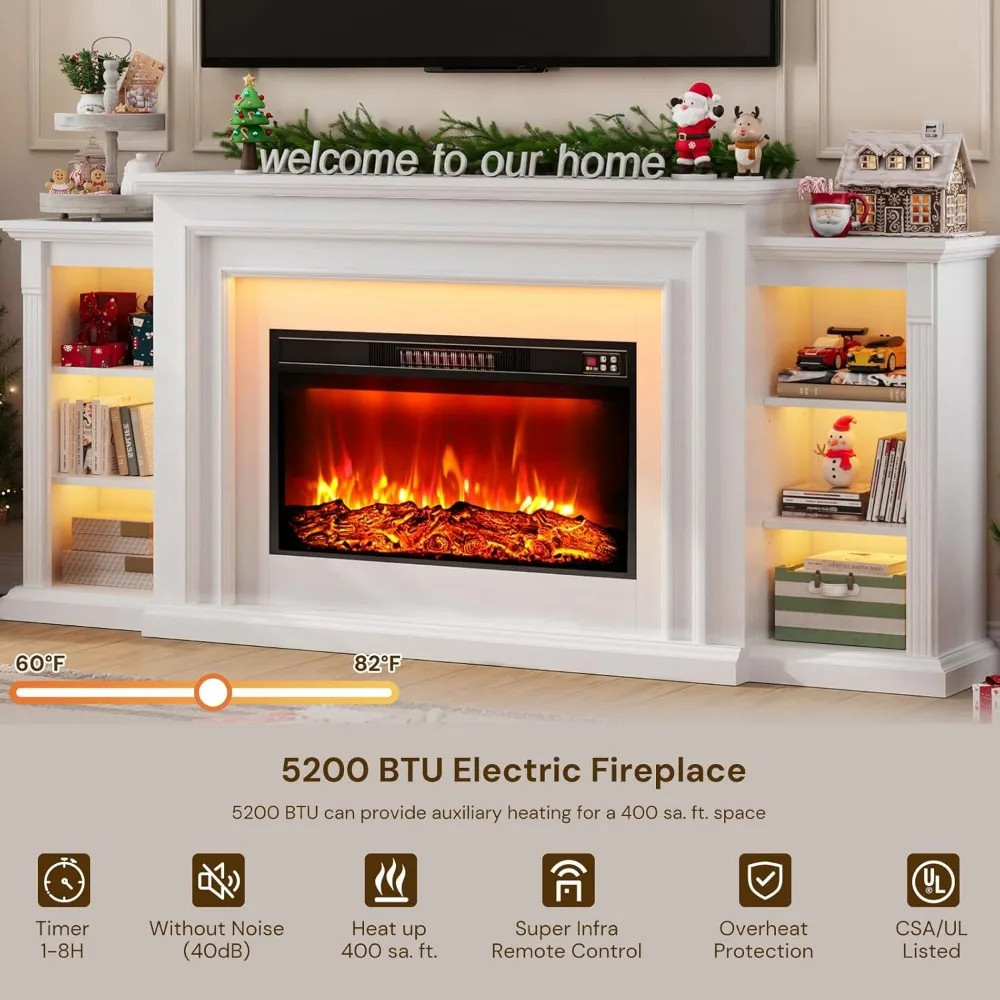 مدفأة كهربائية LED مقاس 80 بوصة مع رف، حامل تلفزيون مدفأة لتلفزيون 90 بوصة، مركز ترفيه حديث مع مساحة تخزين، دقيق