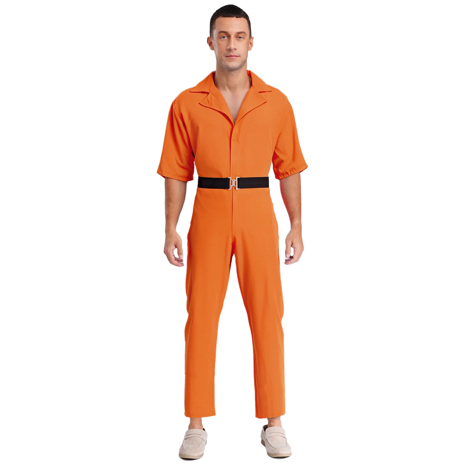 

Men Women Halloween Prisoner Cosplay Jumpsuit with Waist Belt Lapel Short Sleeve Rompers Inmate Jail Bodysuit Carnival Costume