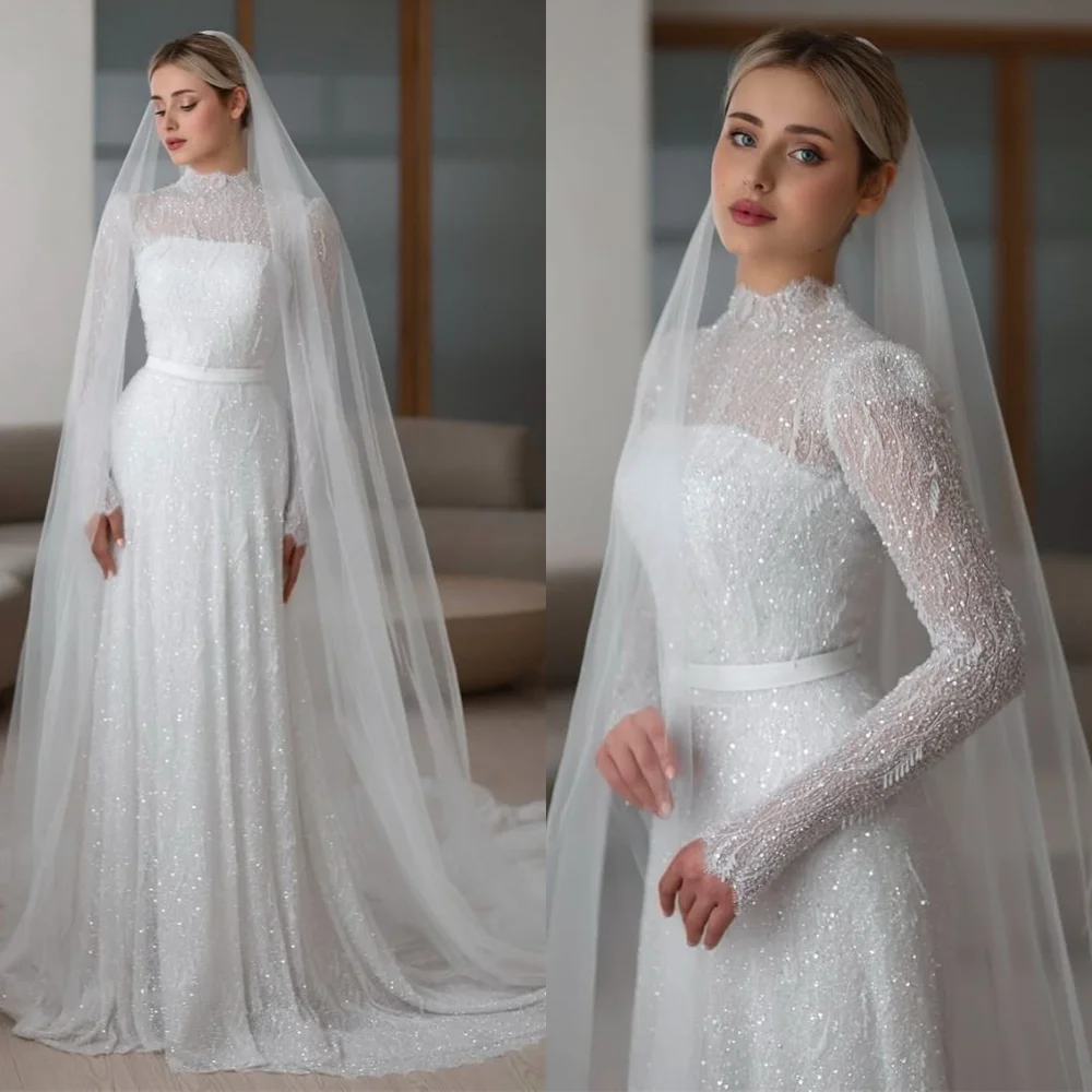 

Customized High Quality White Organza Bridal Gowns Temperament Crew Neck Long Sleeves Sequined Wedding Dress Chapel Train Dress