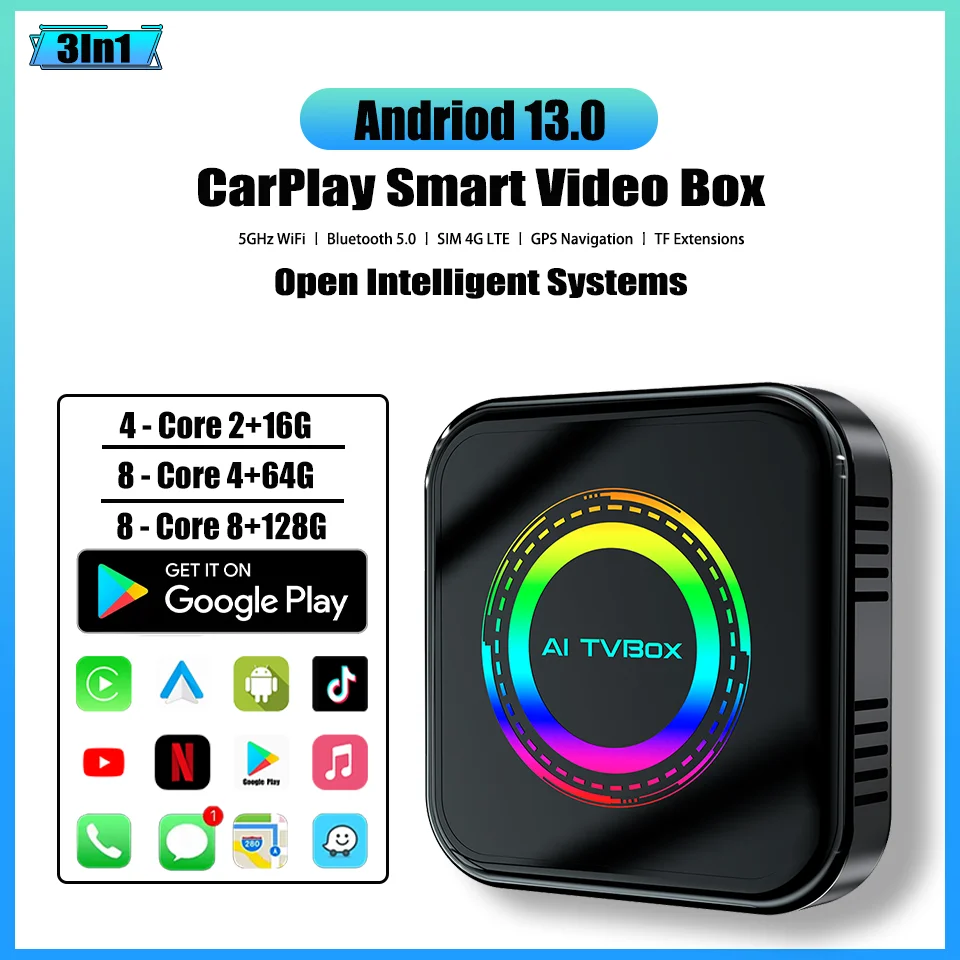 2025 New CarPlay Ai Box Andriod 13.0 8+128G Wireless Apple & Android Auto Built-in Netfilx Youtube Google Play GPS SIM 4G LTE