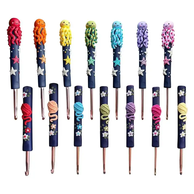 

DIY Sweater Weaving Tool Needles 7pcs Rainbow Multiple Sizes Rubber Handle Crochet Hook Set Ergonomic Handle Yarn Crochet Tool