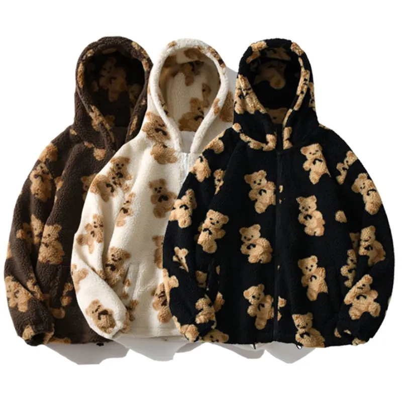 Y2K imitation lamb plush women\'s cotton jacket, little bear couple loose and lazy style, winter thick hooded jacket