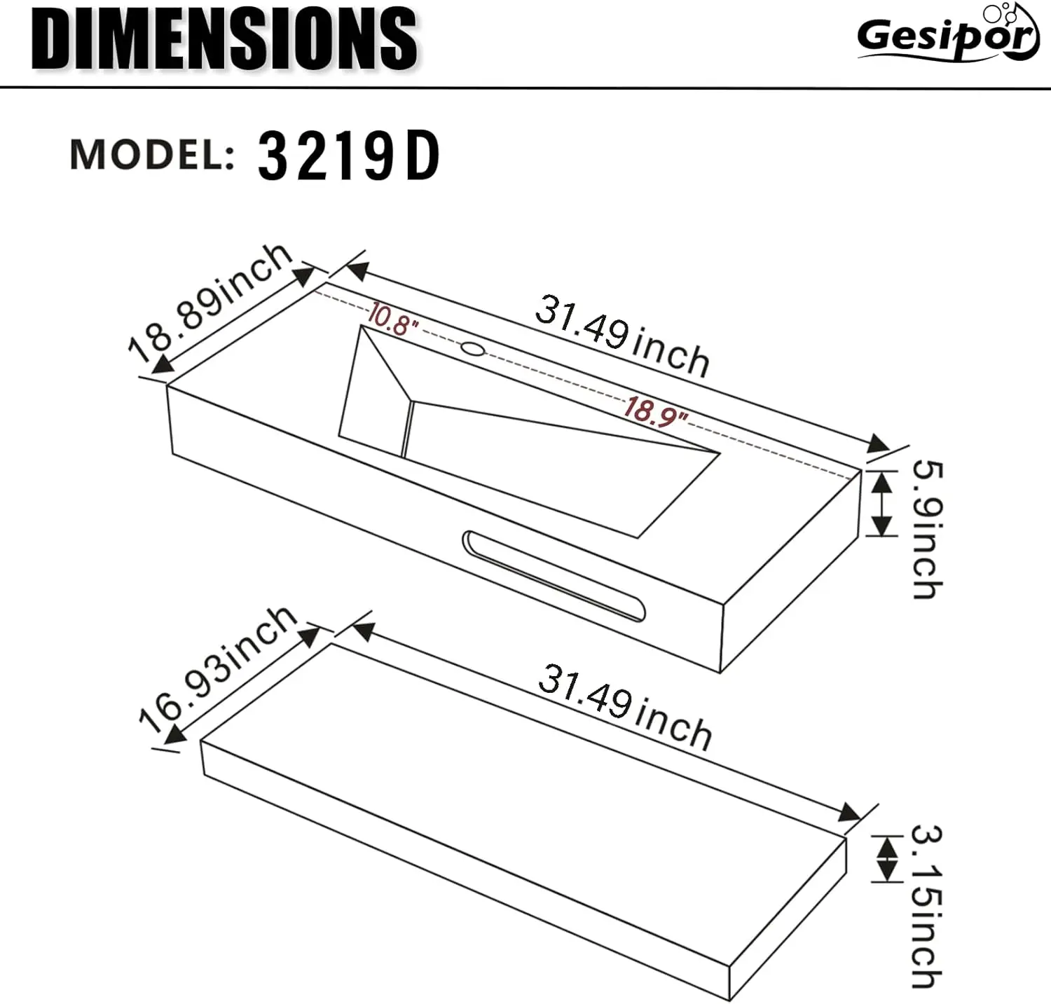 Tocador de baño de montaje en pared de 32 "x 19" con lavabo, lavabo flotante de resina de piedra, lavabos rectangulares para baño