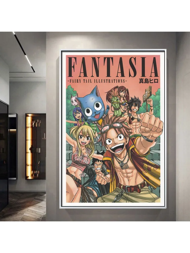 Affiche en toile sans cadre Fairy Tail, décor de Style dessin animé avec Lucy Natsu Happy pour salles de jeux et chambres à coucher