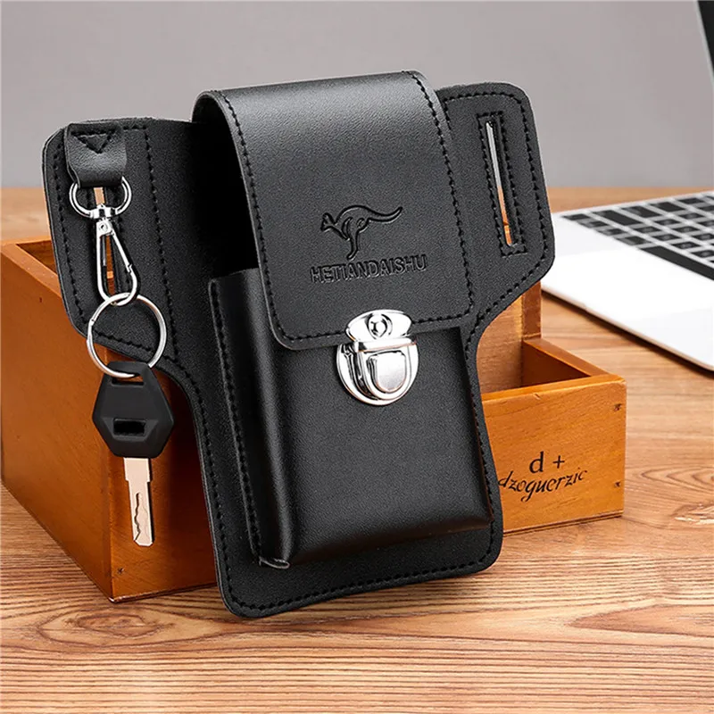 Men Belt Cellphone Loop Holster Case Waist Bag Male PU Leather Purse Phone Wallet Vintage Belt Mobile Phone Protective Sheath view 2