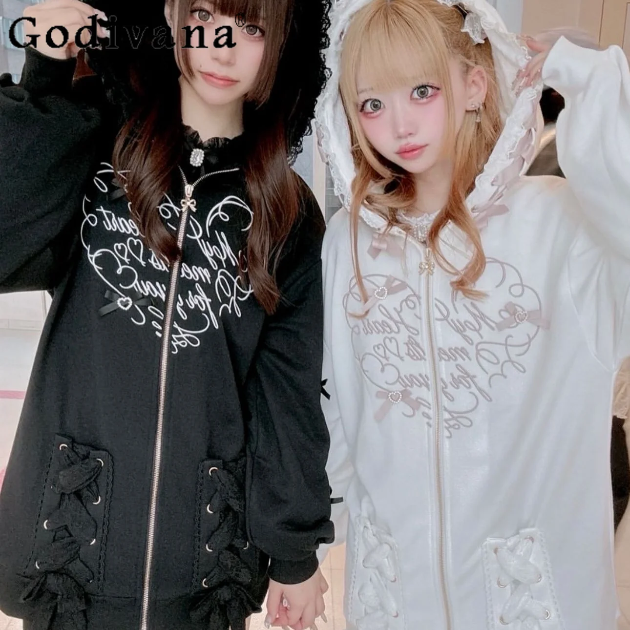 

Japanese Liz Long Zipper Cardigan Jacket Spring Autumn New Girl's Sweet Bow Lace Coat Women's Loose Slimming Casual Sweatshirt