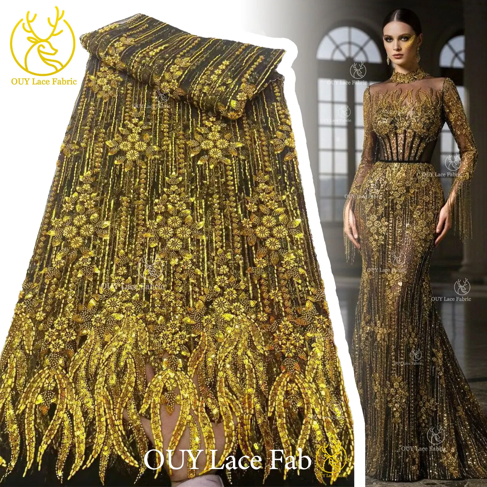 

2026 African Gold Beaded Sequin Lace Fabric 5 Yards High Quality Nigerian French Tulle Mesh Lace Top for Dinner Dress Fabrics