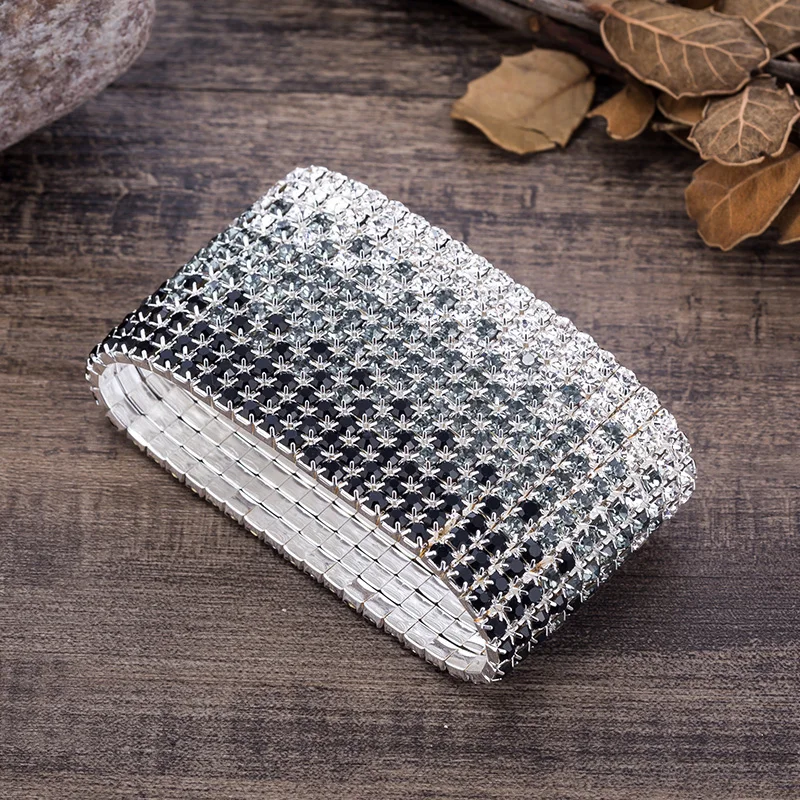 12 Rows Crystal Stretch Bangles Bracelet for Women Black Gray and Clear Crystal Silver Plated Wedding Bracelet Bride Bangle
