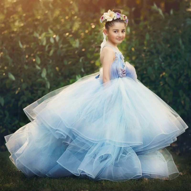 Blumen mädchen Kleid süße Mädchen Festzug Kleider geschwollene Spitze 3d Blumen applikationen Ballkleid für Hochzeit erste Communiuon Kleider