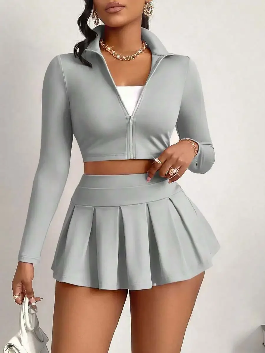 

Women 2-Piece Set Cropped Zipper Top And Pleated Skirt Casual Sporty Outfit