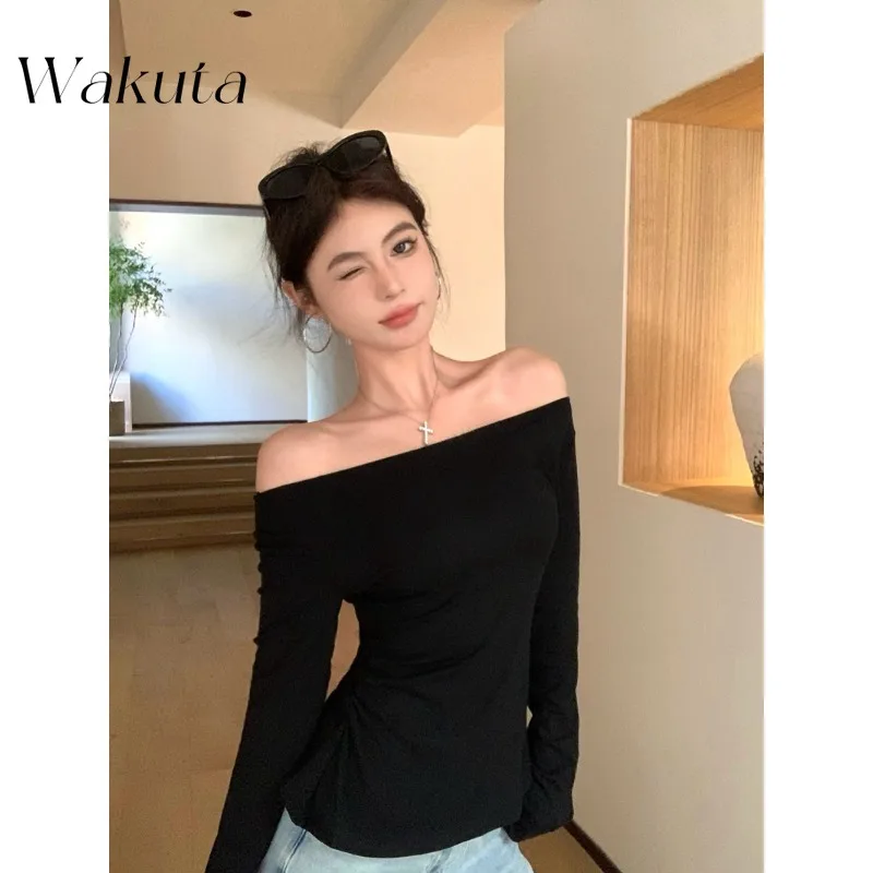 WAKUTA Fashion Sexy One-line Collar Strapless Splicing Top Casual Back Lace Long-sleeved Spicy Girl Slim Inner Bottoming T-Shirt