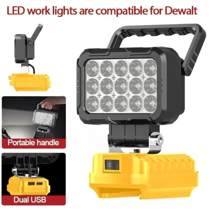 15 Beads LED Work Light Spotlight Torch for Dewalt 18V Battery Outdoor Emergency Tool Lamp Flashlight USB Mobile Phone Charger