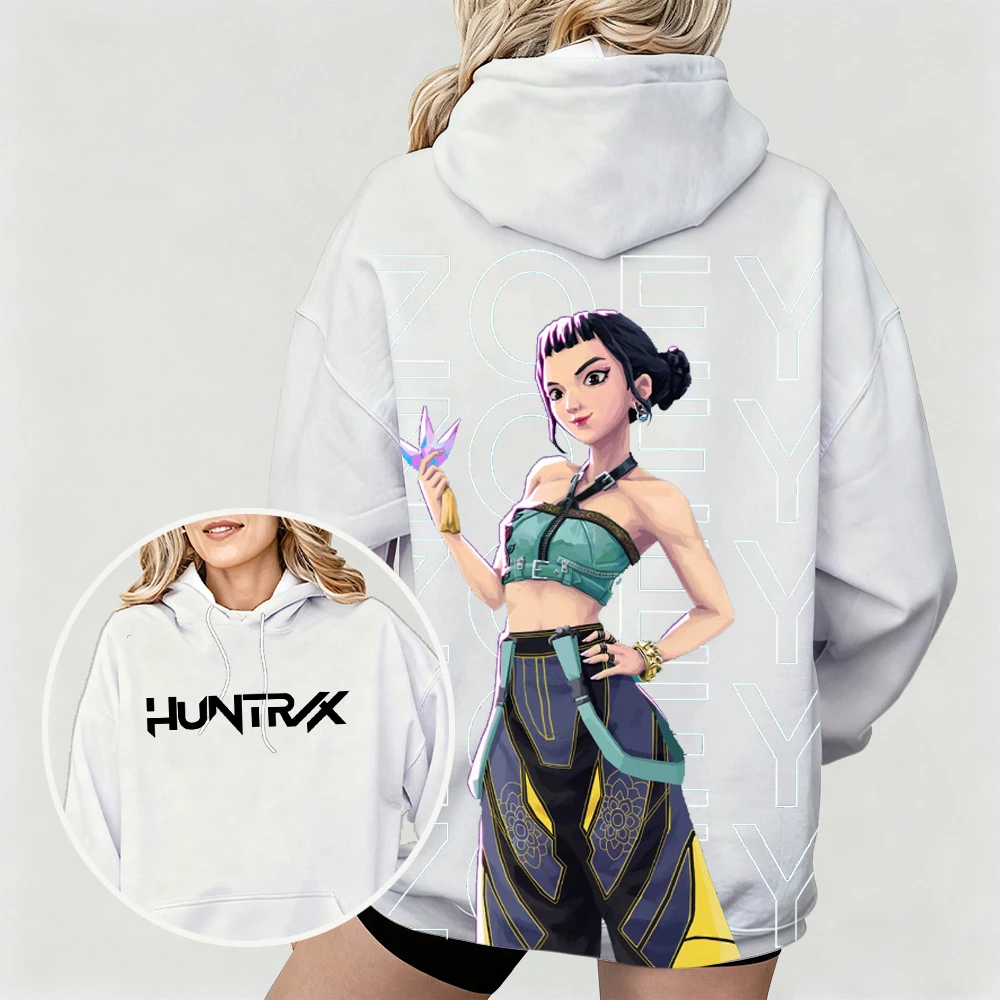 هوديي نسائي كبير الحجم مع تصميم رسوم متحركة KPop Demon Hunters Zoey بطباعة شخصية متحركة مزدوجة الجانب للارتداء اليومي غير الرسمي