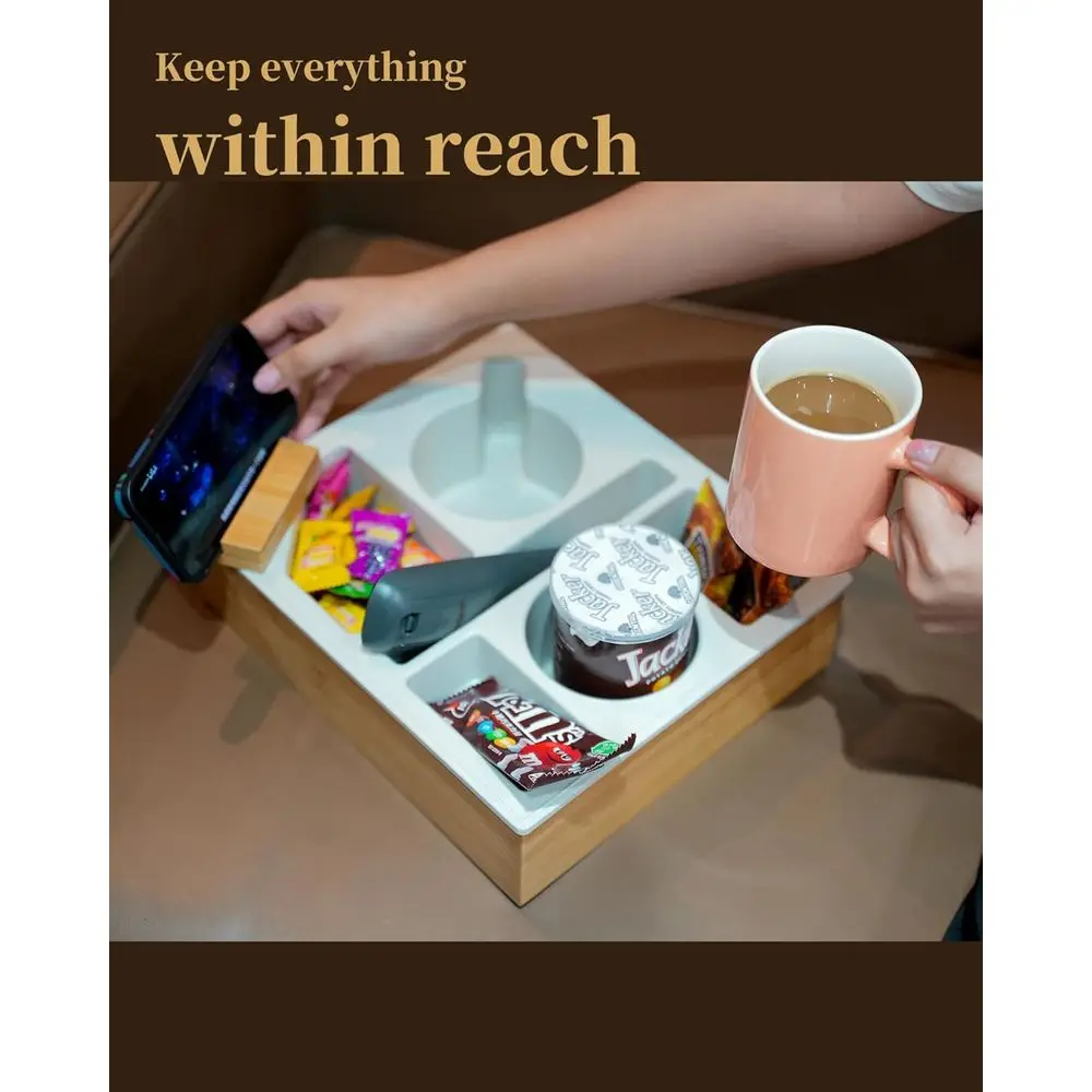 Gray Silicone Bamboo Couch Caddy with Rotatable Phone Holder, Waterproof Sofa Tray for Snacks, Beverages, and Remote Control