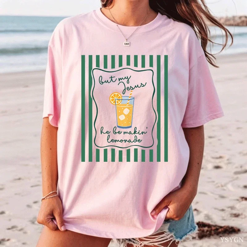 Ladies Short Sleeve Tee Drink Green Striped Frame Graphic Print Crew Neck Casual Summer Loose T Shirt Daily Beach Tops