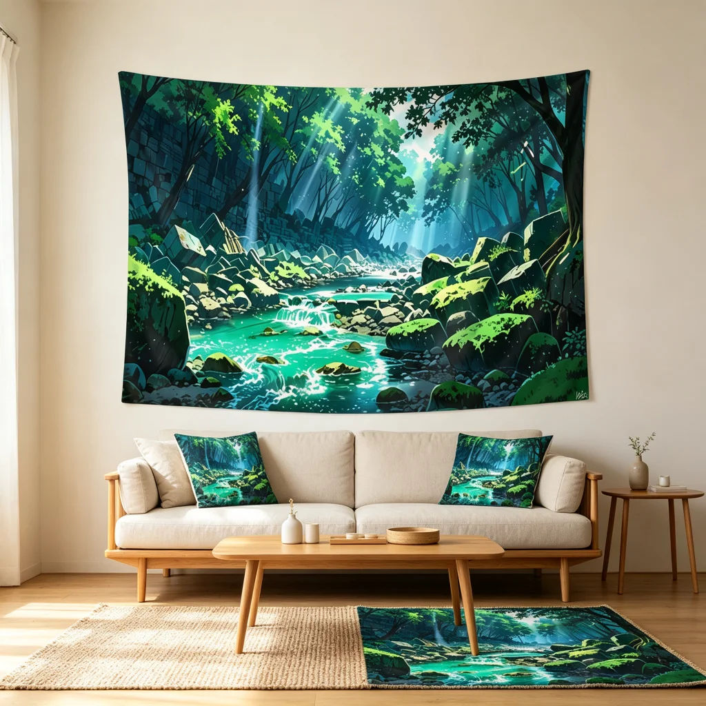 1PC Anime Forest Stream Rock Print Backdrop Banner, Bedroom Living Room Photo Background, Polyester, Home Decor, Wall Art