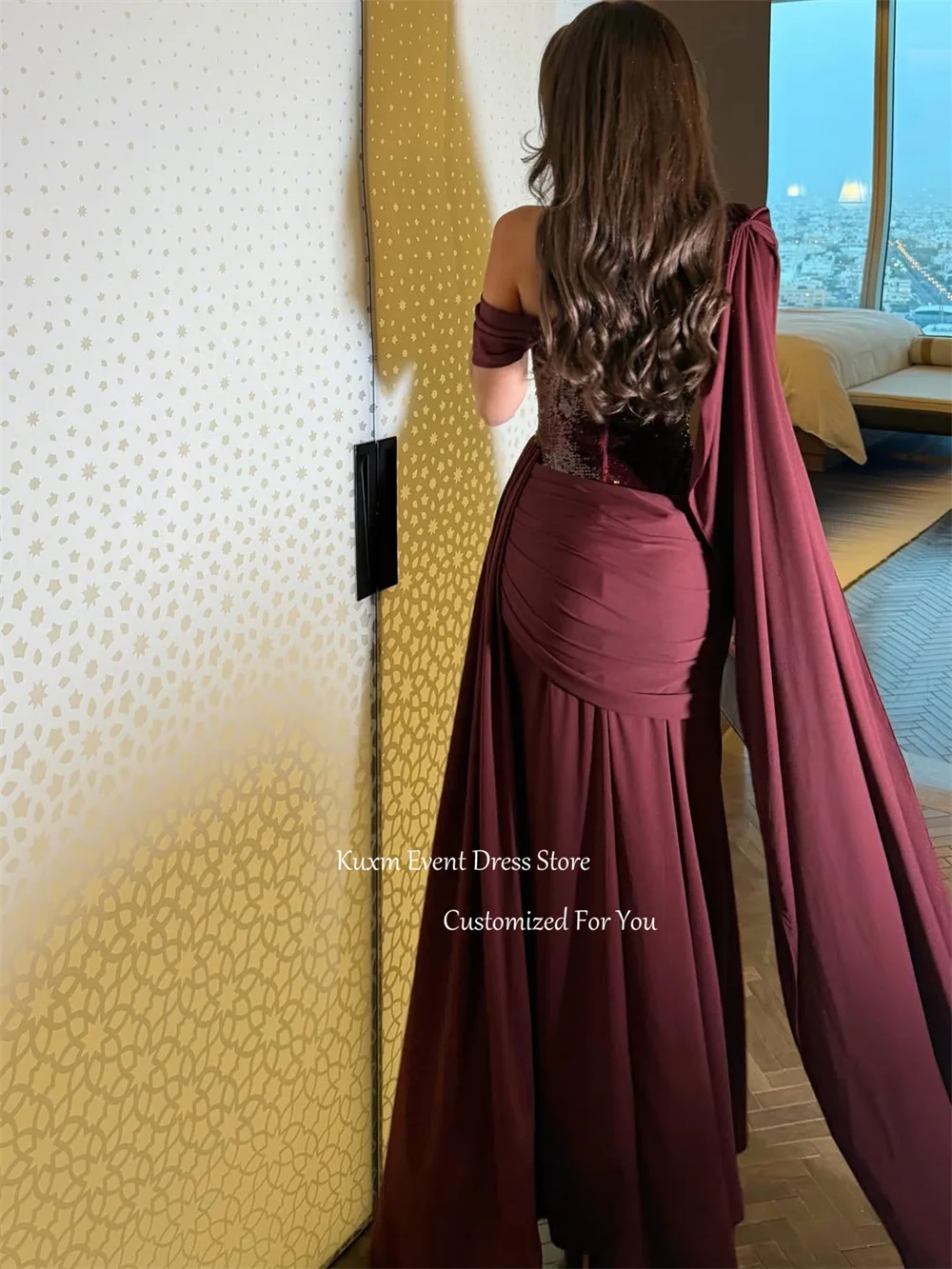 Kuxm Elegant Strapless Mermaid Evening Dress One Shoulder Satin Formal Party Gown Sequined Floor Length Vestido Novia Customized
