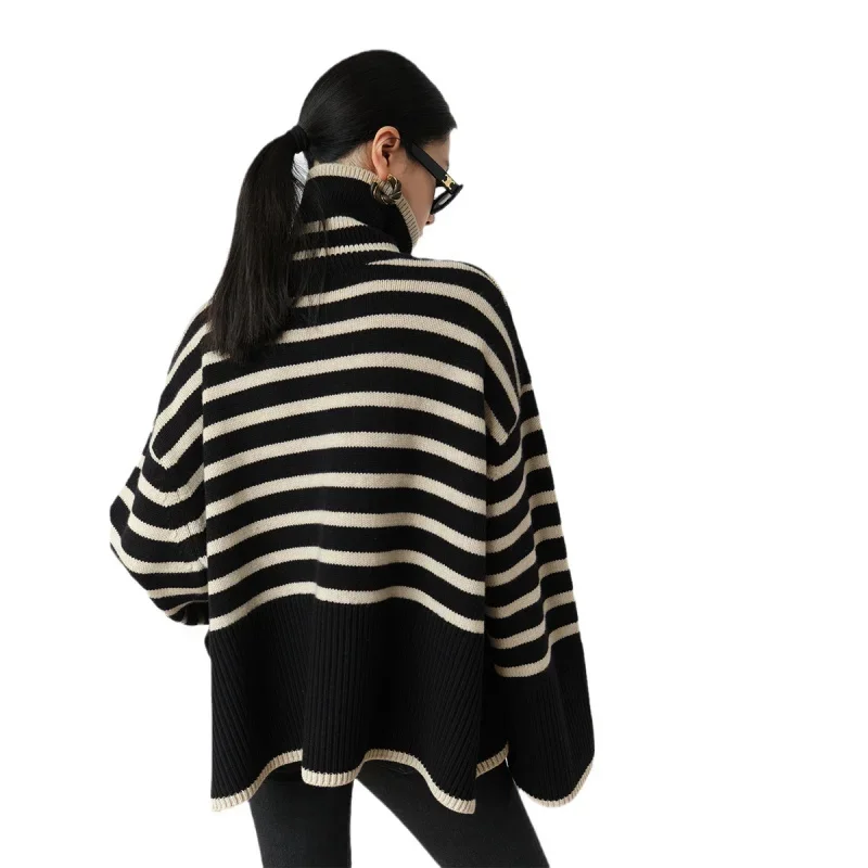 Women\'s Striped Turtleneck Sweater2023New Autumn and Winter Loose Design Niche Knitwear Pullover Coat