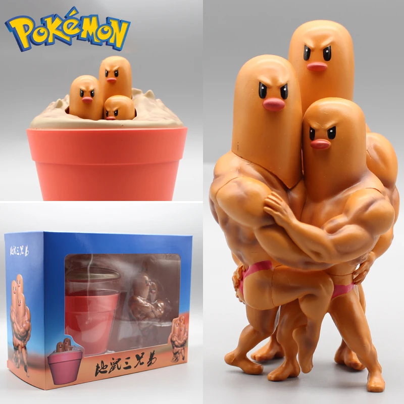 14cm Anime Pokemon Red And Green Game Figure Muscle Dugtrio Manga Statue Pvc Collectible Model Figurine Toys Kids Gift