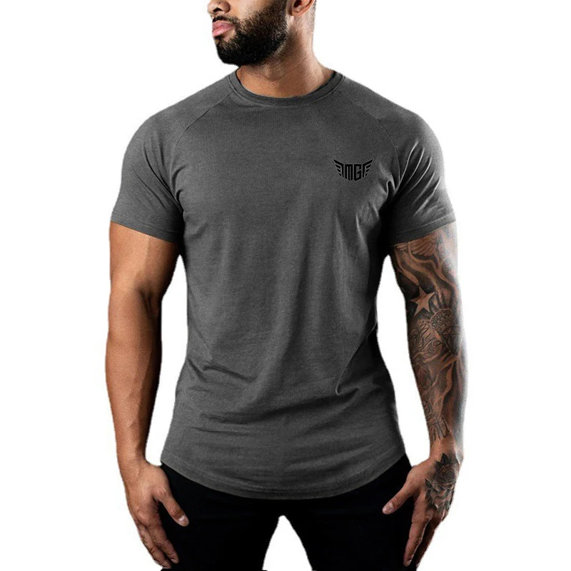 Men Breathable Cotton T-Shirt Raglan Sleeve Gym Workout Tee Elastic Running Basketball Training  Absorb Sweat Slim Fit Sport Top