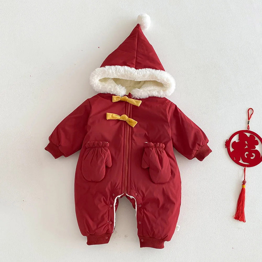 

Christmas Baby Clothes Red Color Baby Boy Romper Long Sleeve Hooded Fleece Thicken Warm Winter Chinese New Year Infant Jumpsuits