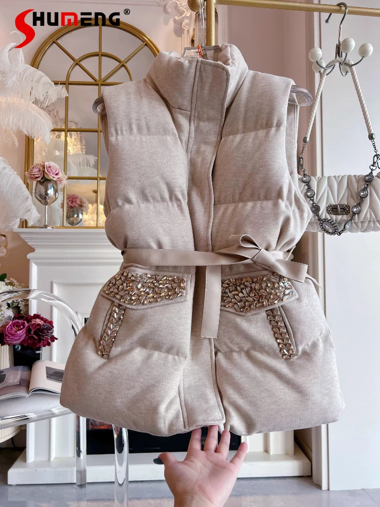 

Women's 2025 Autumn Winter New Rhinestone Pocket Vests Thickened Warm Jackets Vest Coats Female Zipper Sleeveless Chic Tank Tops