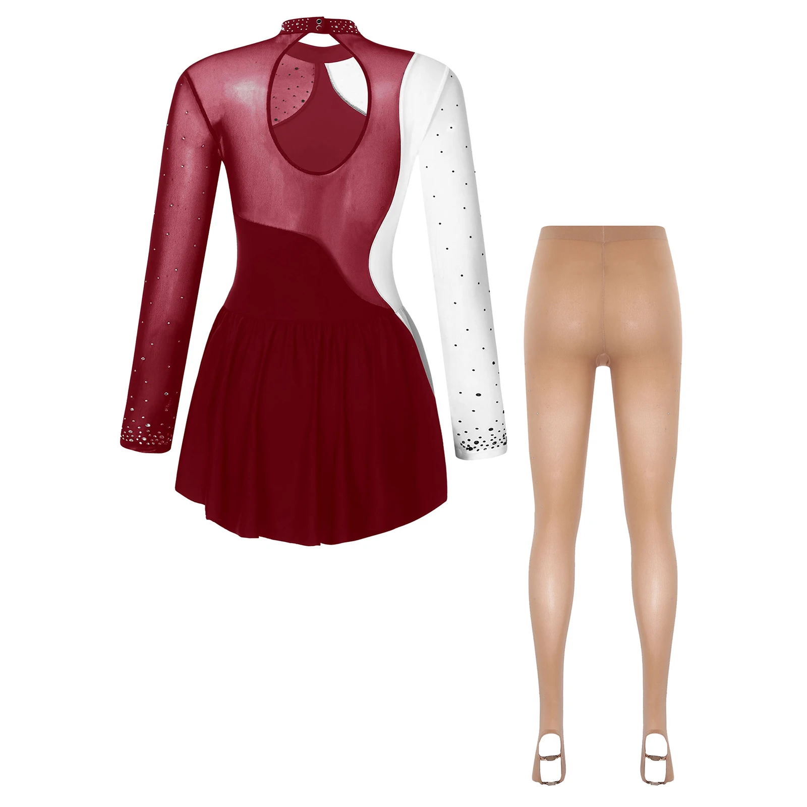 Womens Rhinestone Figure Skating Dance Dress And Boot Cover Tights Set Lyrical Modern Contemporary Dancewear Ballerina Costume