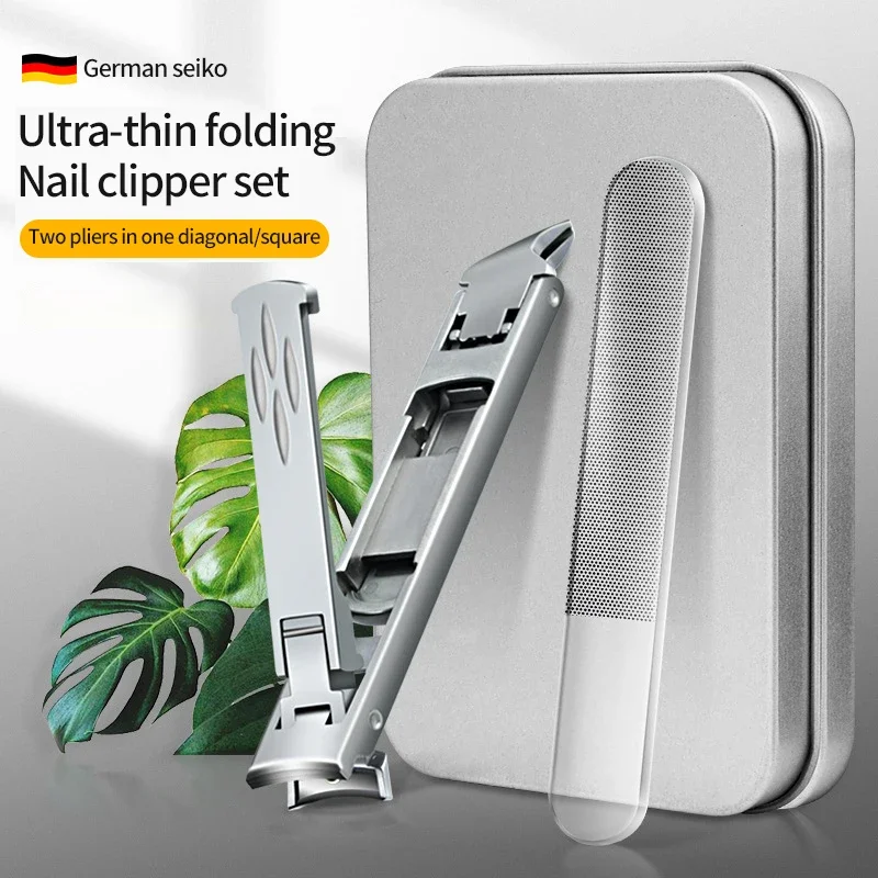2pcs Ultra-Thin Folding Nail Clipper Set, 2-in-1 Diagonal/Square Cutters with Nail File, Portable Manicure Kit with Storage Box