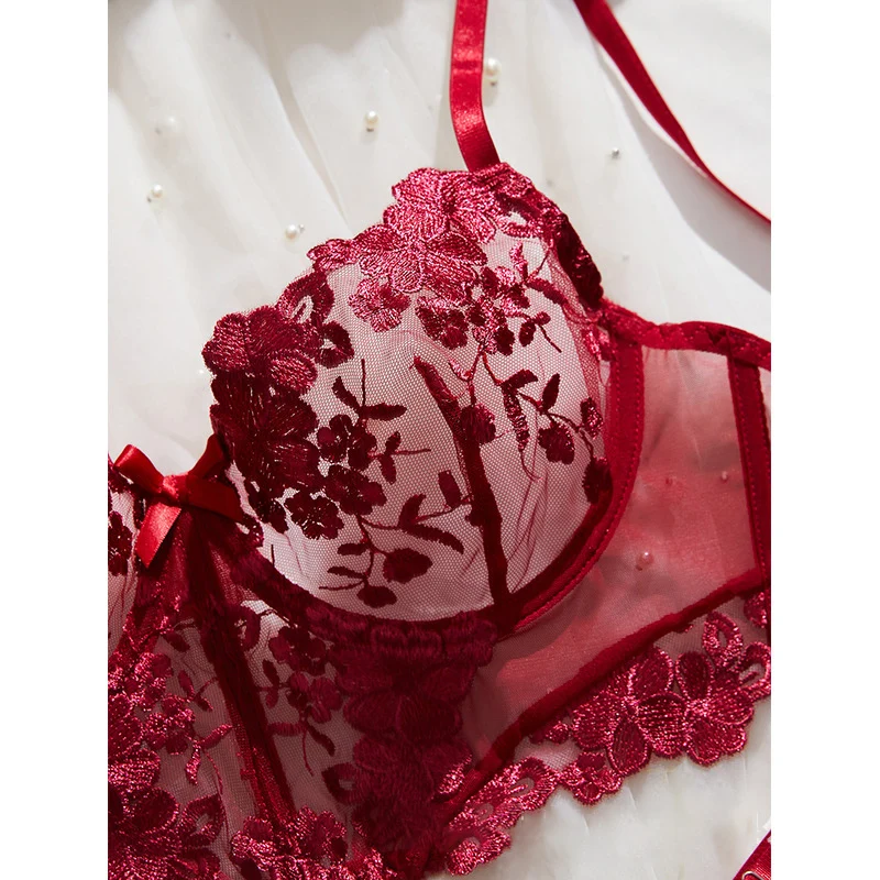 Сексуальное женское белье, красный сетчатый бюстгальтер и трусики, комплект с цветочной вышивкой, прозрачное нижнее белье, женский эротический комплект с 3 точками, романтическое горячее нижнее белье