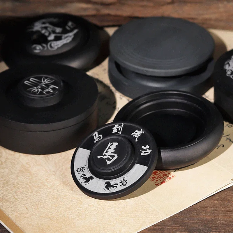 Ink Chinese Calligraphy Stone Inkstone Handmake Brush Holder Painting Practical Inkslab Round Inkstone Lid Sumi Dish Ink Disc