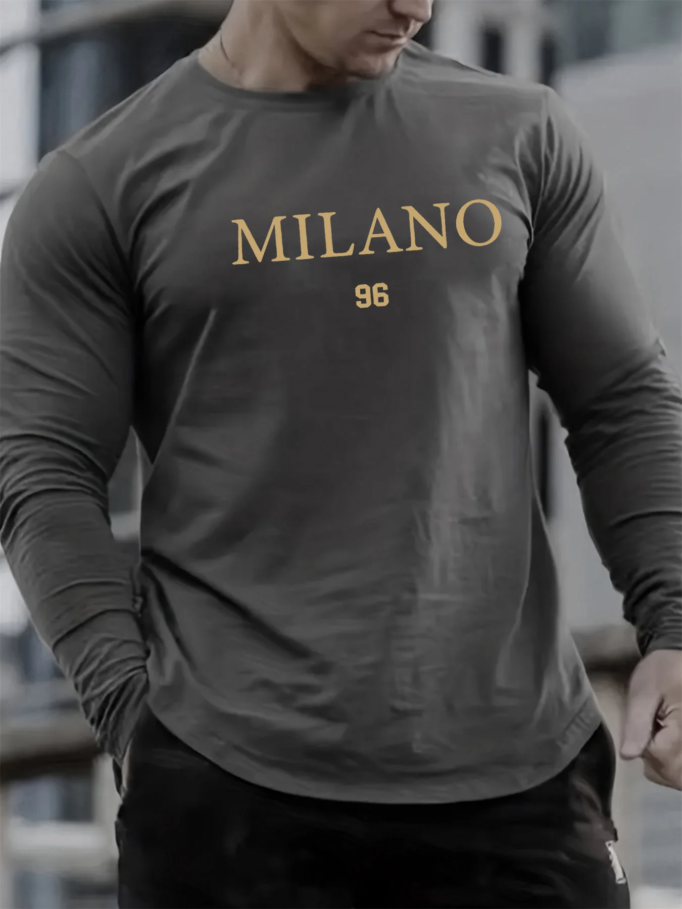 Men's Basic Loose And Comfortable Casual Sports Milano 96 Letter Printed Round Neck Sports Long Sleeved T-shirt Top