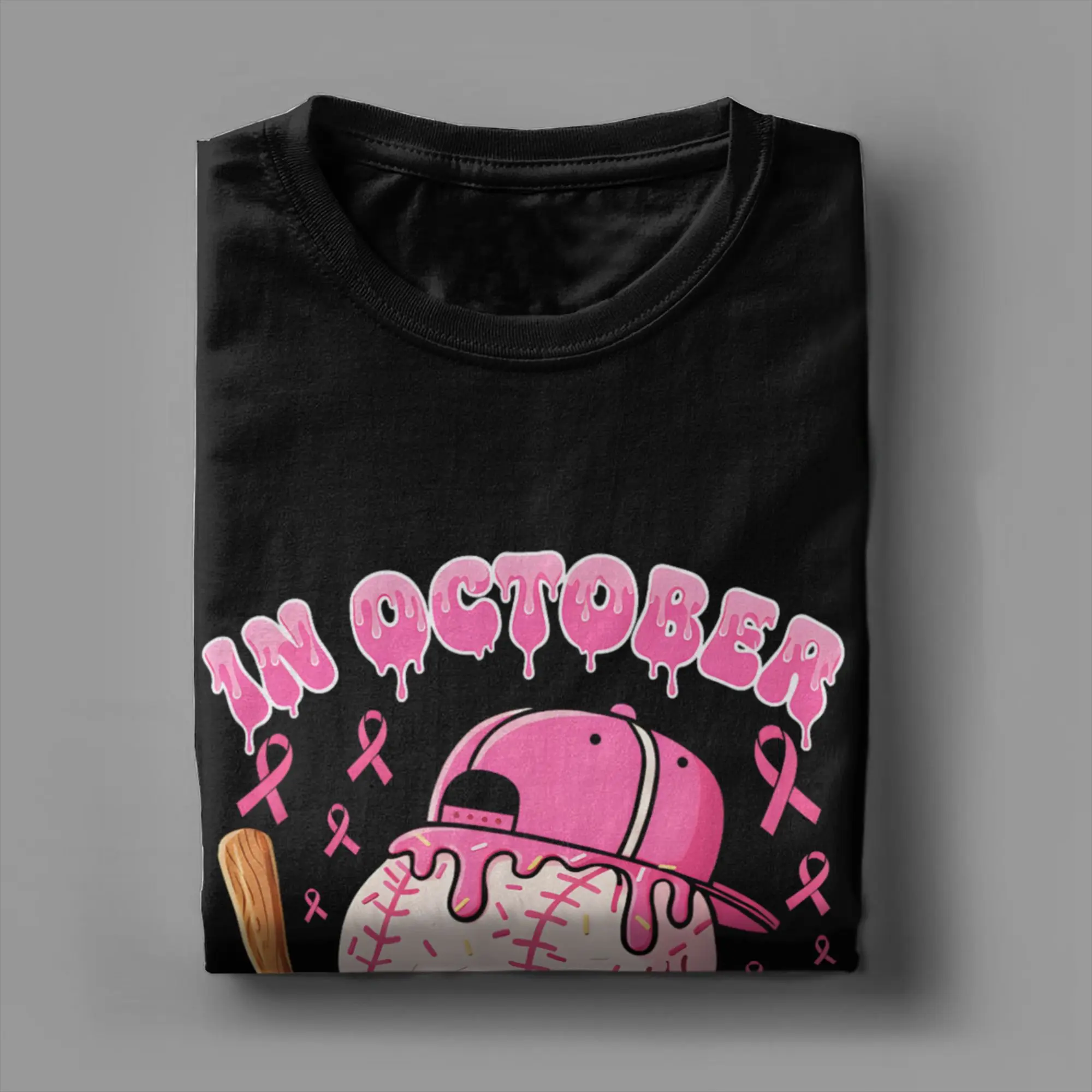 الفكاهة البيسبول الآيس كريم بالتنقيط في أكتوبر ارتداء الوردي سرطان الثدي تي شيرت الرجال س الرقبة 100% القطن تي شيرت قصيرة الأكمام تيز القمم #4