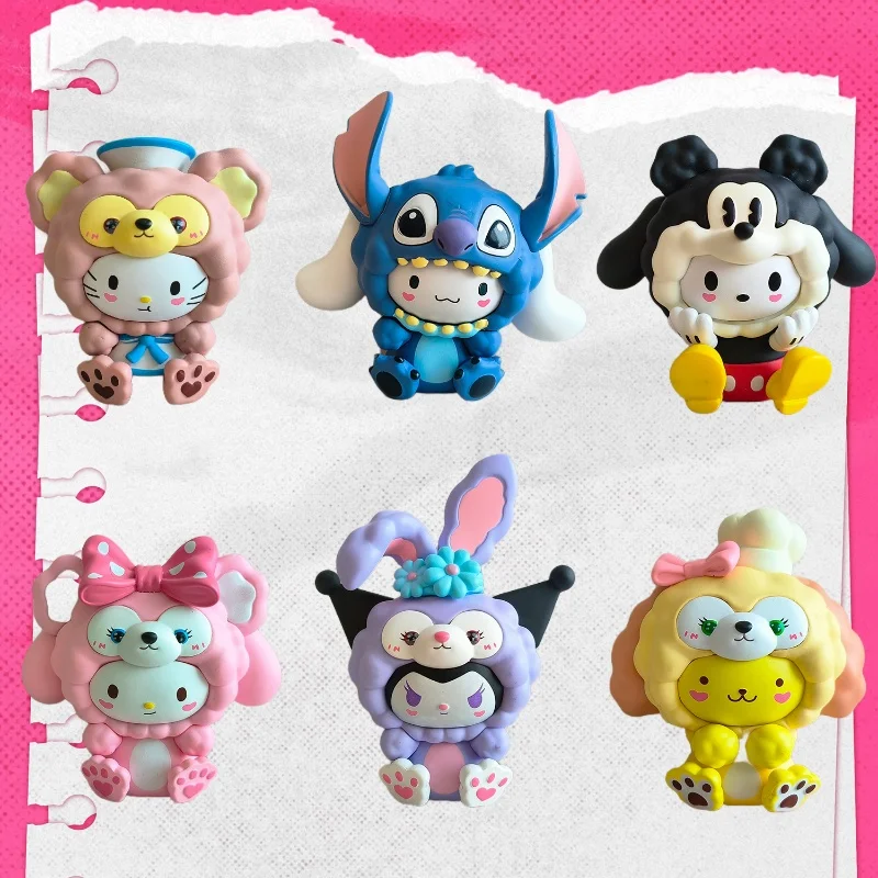 

6 шт. аниме «Hello Kitty Melody Kuromi Cinnamoroll», мультяшное платье через плечо, фигурка с головой овцы, слепая коробка, коллекция игрушек, украшения, подарки