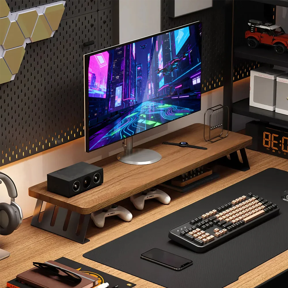 Soporte elevador para monitor de computadora, soporte grande para dos monitores, organizador de mesa ergonómico multiusos para juegos con base ancha en forma de L