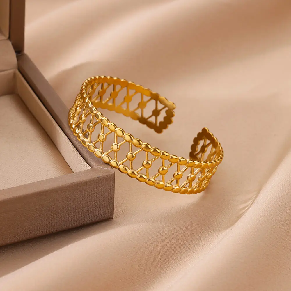 Gold Color Hollow Mesh Openning Bracelet Stainless Steel Cross Bangles Bracelet Punk Women'sJewelry Accessories
