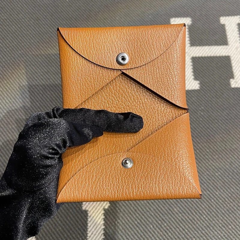 Genuine Leather Goat Skin Key Coin Document Wallet Button Clasp Brown Gold Functional  Pouches Handbags for Men And Women