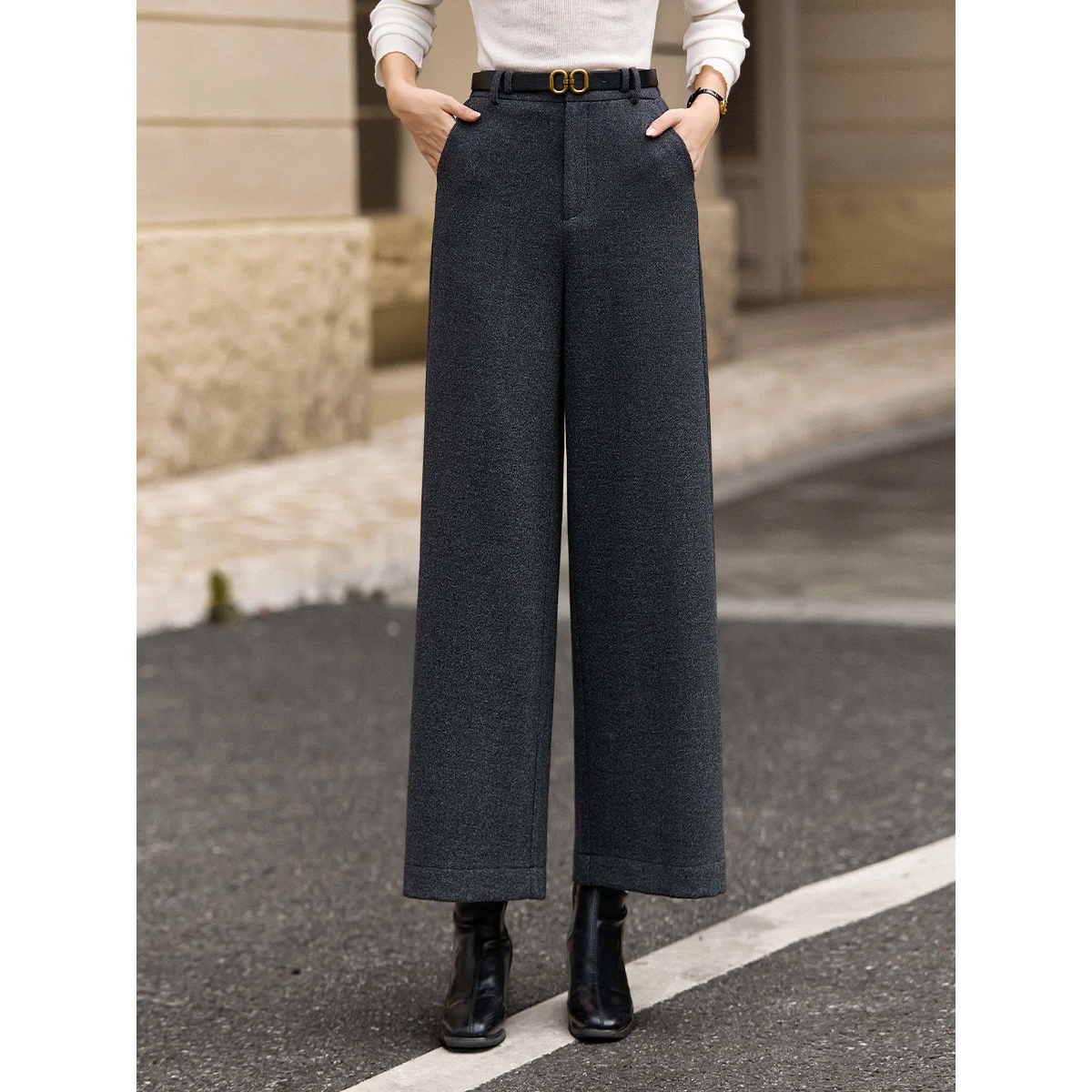 VIMLY Wide Leg Pant Women 2025 Winter Commuting Solid Ankle-Length Zipper Trousers Vintage Fashion Mid-waist Lady Bottoms A3280
