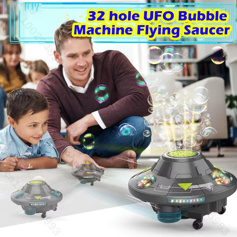 

Electric UFO Bubble Machine Rotating Bubbles Gun Automatic Soap Blower with Light Outdoor Games Obstacle Avoidance Flying Saucer