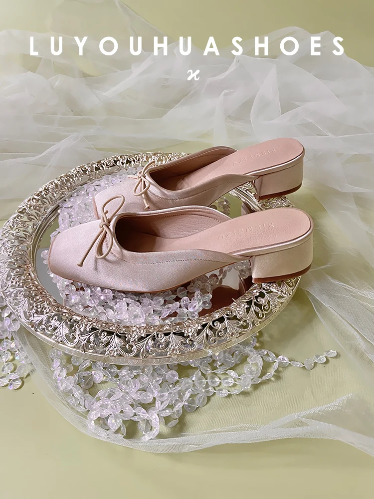 

Women's Leather Mule Slippers Outdoor Wear mid Heel Knot Tie Sandals Sweet Style Two Layer Pig Skin Inner Rubber Bottom