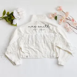 White Fringe Denim Jacket, Mrs Denim Jacket Custom Bride Denim Jacket, Bachelorette Jean Jacket, Personalized Bride Jean Jacket