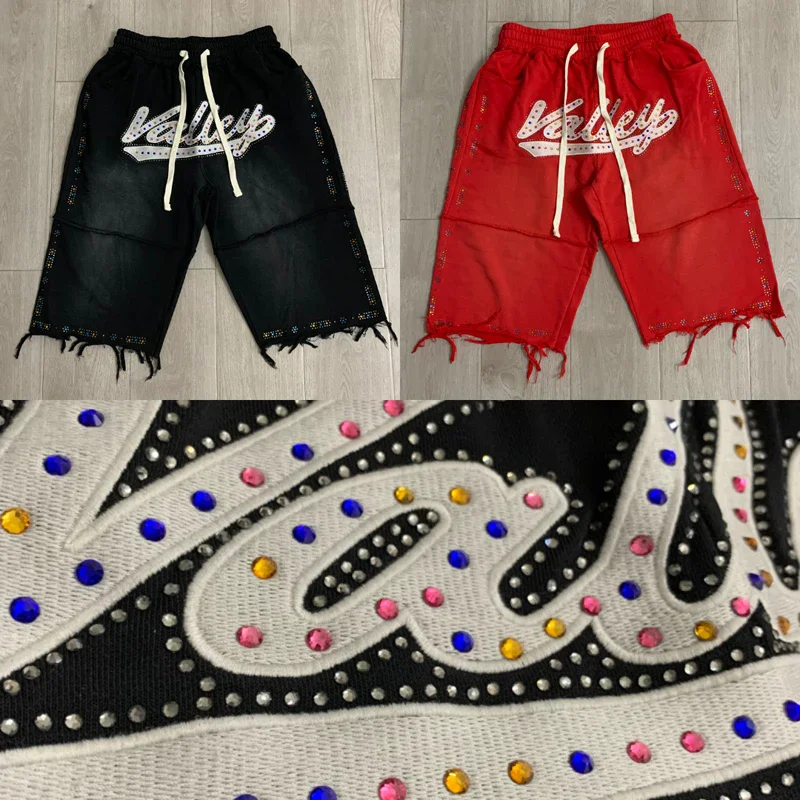 26SS New Streetwear Retro Washed Vale Casual Shorts Men Women High Quality Embroidery Rhinestones Sports Shorts