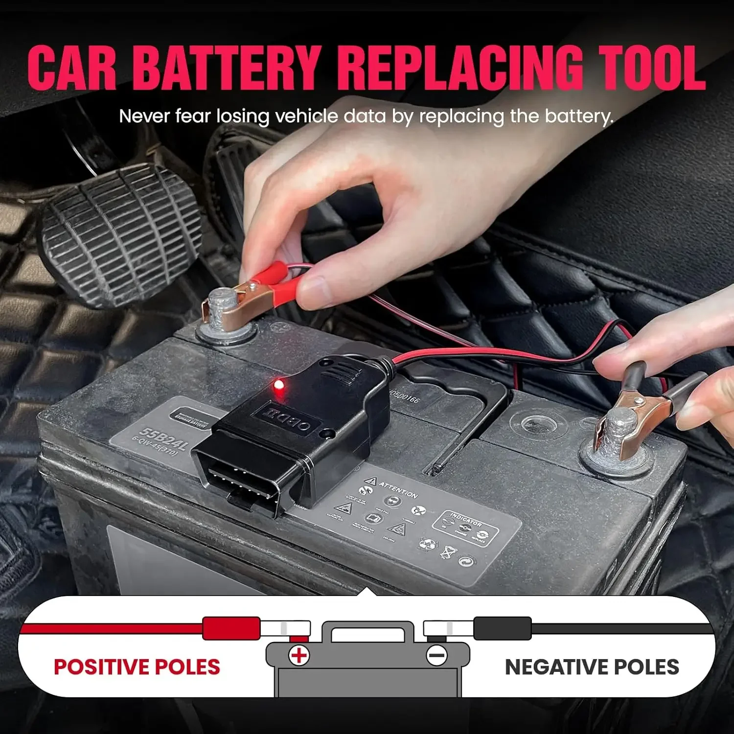 كابل توفير ذاكرة السيارة obd II مع مشبكين تمساحين، كابل إمداد الطاقة في حالات الطوارئ ECU للمركبة 12 فولت، تشخيص موصل البطارية #4