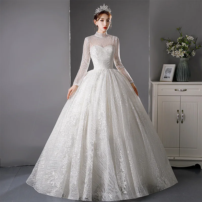 Customized High Collar Beads Long Full Sleeve Sparkling Splendid Wedding Dress For Women Vestido De Noiva Brides Ball Gown Lorie