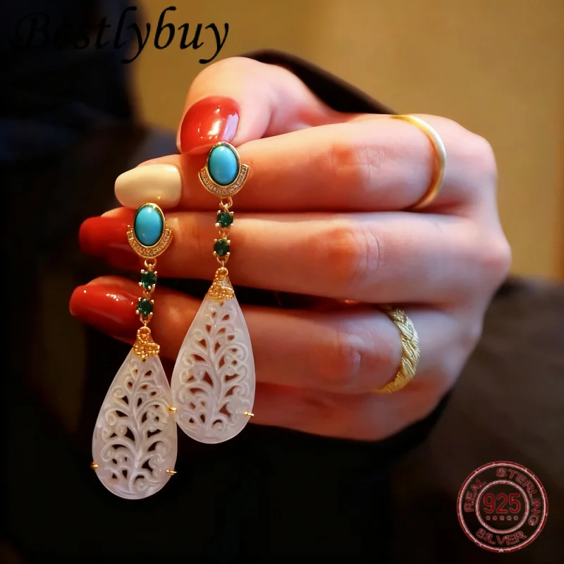 

925 Silver Gold-plated Natural Turquoise White Mother Of Pearl Hollow Water Droplet Hanging Earrings For Women As a Gift