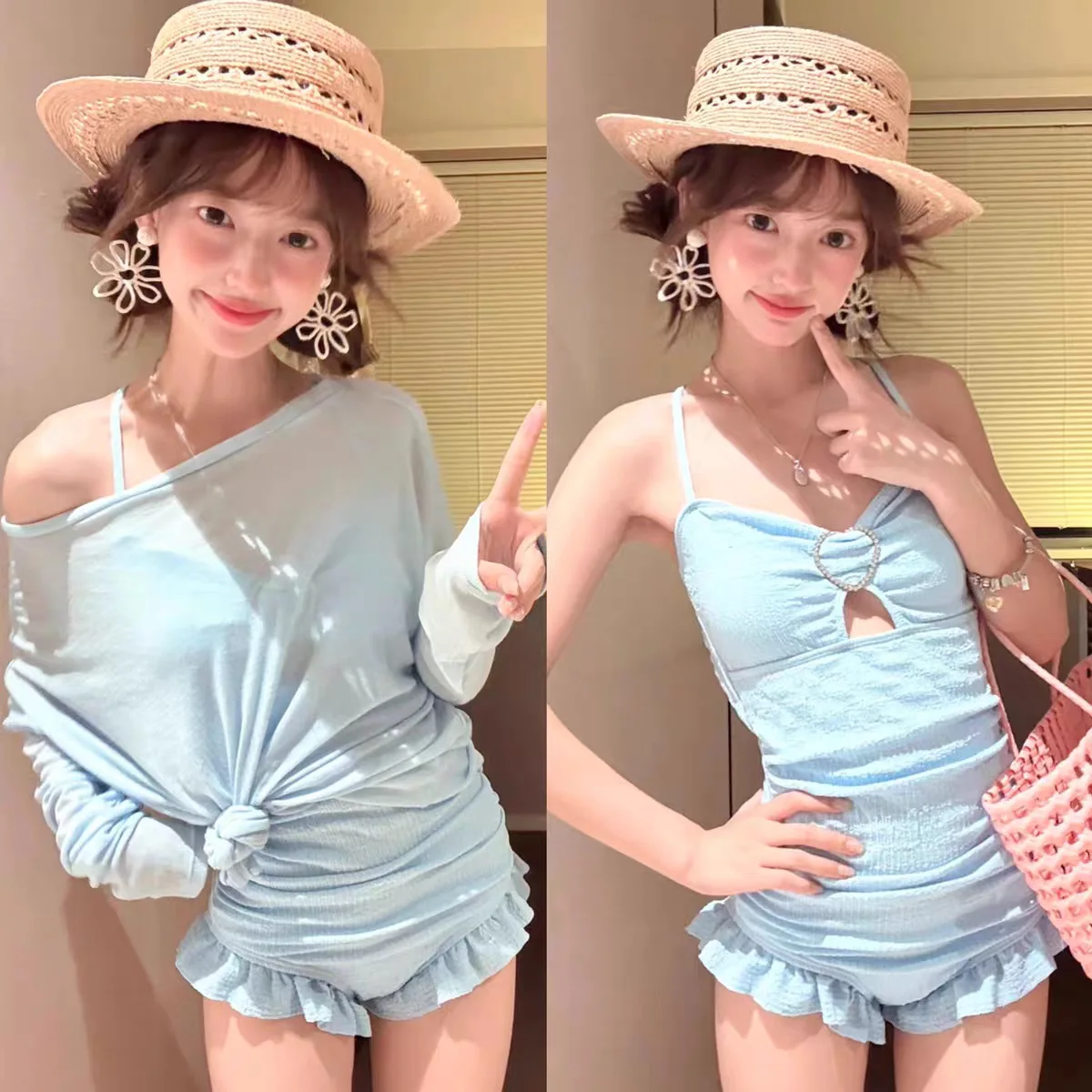 costumi da bagno conservatori di moda coreana sexy due pezzi con volant con nodo increspato body bikini con grembiule con copertura in rete a maniche lunghe