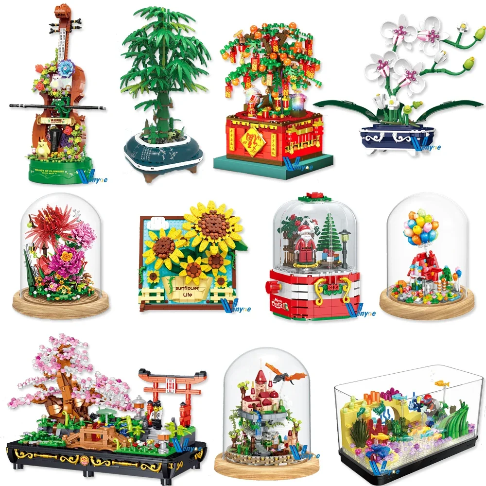 

ZHEGAO Creative Plant Violin Model Castle Santa Music Box Mini Building Blocks Fish Tank Assembled Brick Flower Toys For Gift