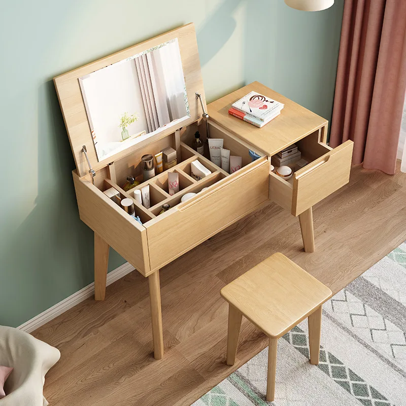 Solid wood dresser, bedroom small dressing table, desk integration, Nordic simple clamshell, multi-functional dressing table, ec